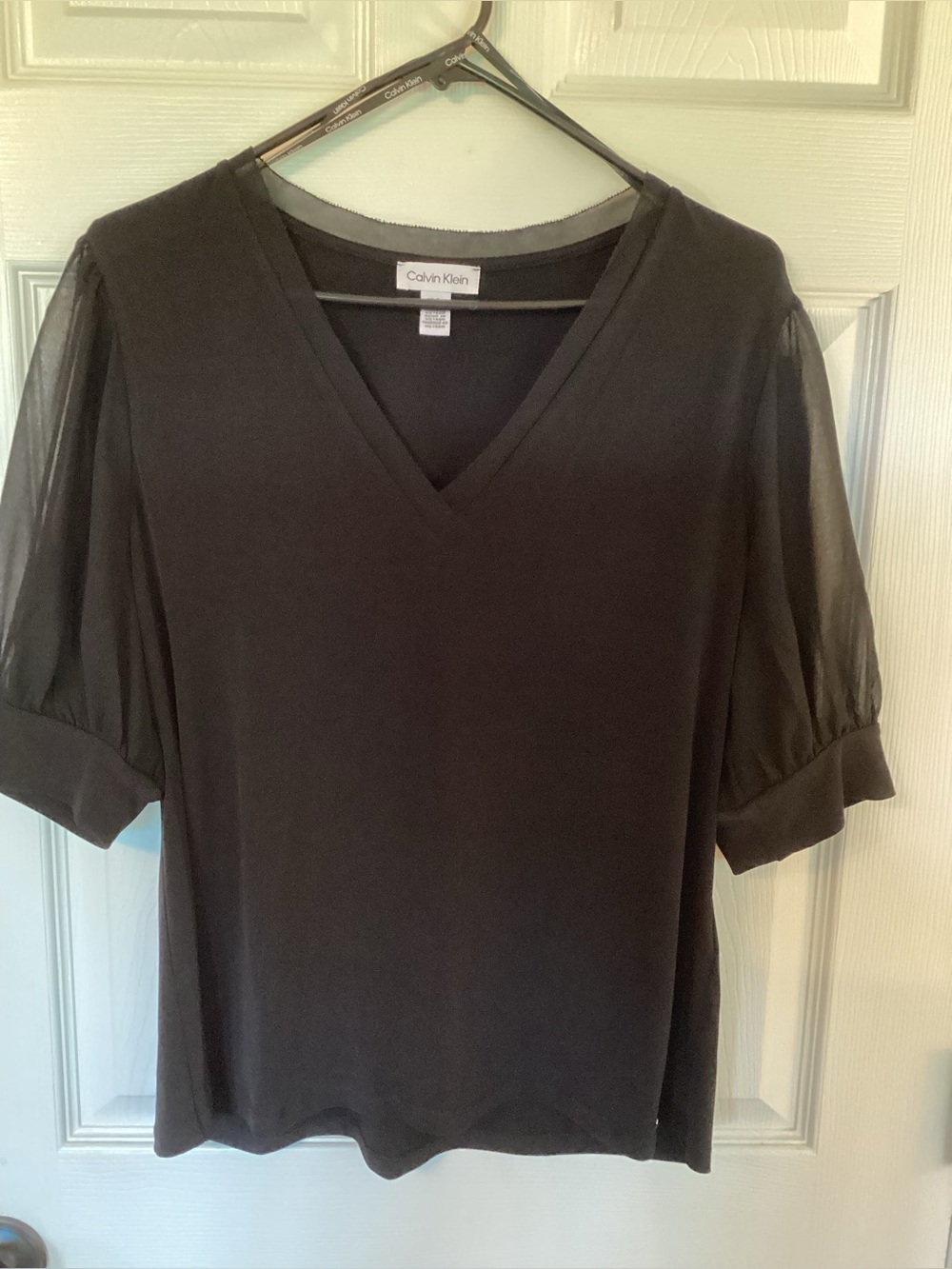 Calvin Klein Black V-Neck Sheer Puff Sleeve Blouse